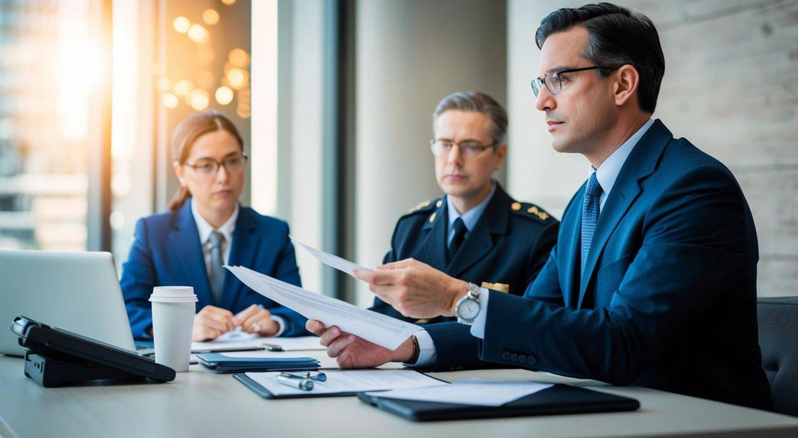 A prosecutor reviewing evidence, consulting with law enforcement, and determining probable cause before charging a criminal case