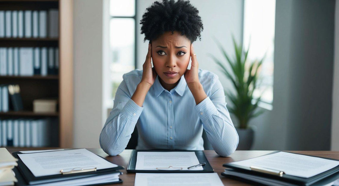 A person sitting at a desk surrounded by legal documents, with a concerned expression on their face