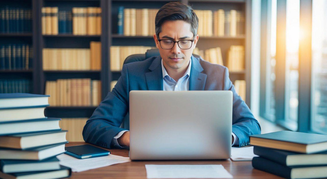 A person sitting at a desk with a laptop, surrounded by legal books and papers, contemplating whether to hire a DUI attorney in Arizona